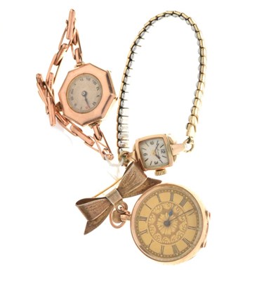 Lot 121 - Two ladies gold wristwatches and 14k fob watch