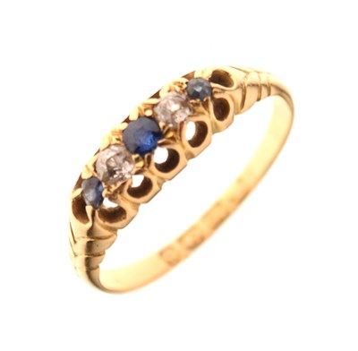 Lot 6 - Victorian 18ct gold half eternity ring, set three sapphires and two old brilliant cut diamonds
