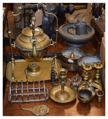 Lot 723 - Quantity of brassware to include hot water kettle, bowls, etc