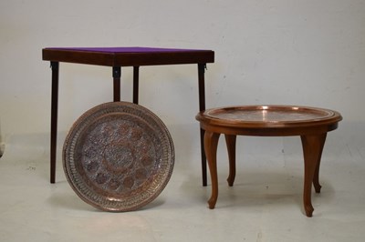 Lot 747 - Middle Eastern copper tray-top table, and baize topped 'Vono' folding card table