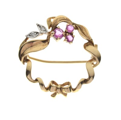 Lot 65 - Diamond and ruby brooch, 9ct gold