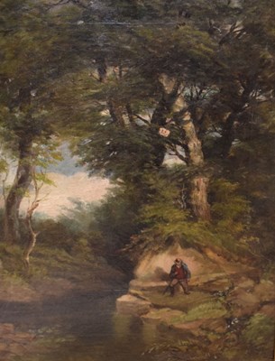 Lot 565 - English School, 19th Century - Oil on canvas View of a figure by a stream, possibly in Stapleton