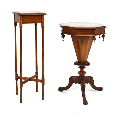 Lot 624 - Victorian walnut work table and oak plantstand