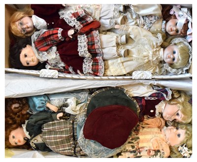 Lot 332 - Quantity of Leonardo and other bisque headed modern dolls and stands