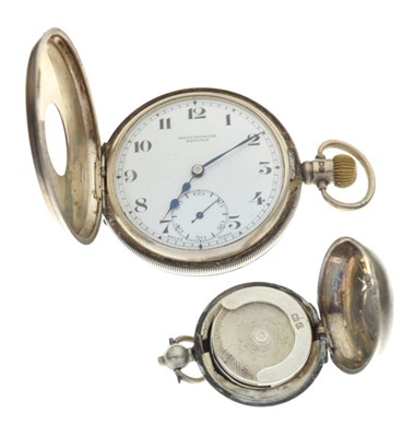 Lot 123 - George V silver half hunter pocket watch, together with a silver Sovereign holder