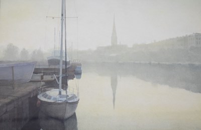 Lot 542 - Alexander Dow - Watercolour - St Mary Redcliff, Bristol from the harbour