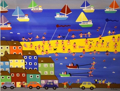 Lot 593 - Gordon Barker - Acrylic - 'Flying Kites on the Beach'