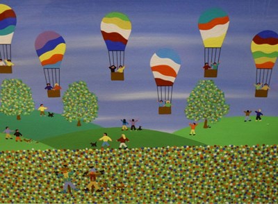 Lot 592 - Gordon Barker - Acrylic - 'Balloons Over The Hills'