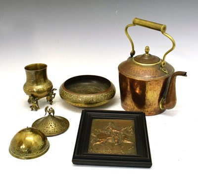 Lot 737 - Framed copper plaque, together with kettle, etc