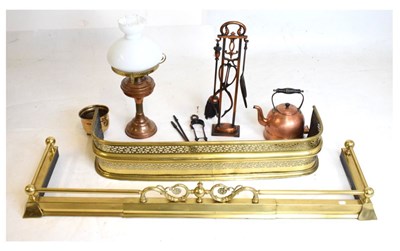 Lot 735 - Two brass fire kerbs, together with a quantity of brass, copper, lamp, etc