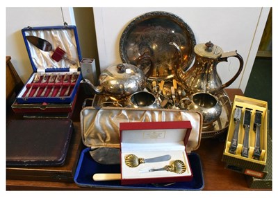 Lot 673 - Sundry silver-plated wares to  include four-piece tea set, cutlery, tray, etc