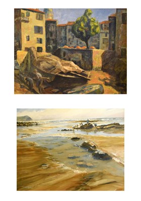 Lot 671 - Roger Jones - Oil on canvas - Children on beach, together with A. Bass - Oil on board - Street scene