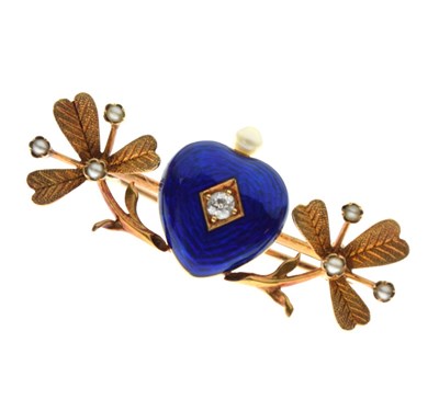 Lot 20 - Edwardian diamond, seed pearl and enamel sentimental brooch