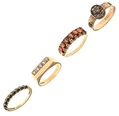 Lot 44 - Four assorted 9ct gold and yellow metal dress rings