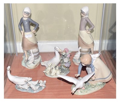 Lot 438 - Five Lladro porcelain 'Geese' figure groups