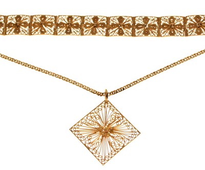 Lot 52 - Gold filigree pendant, and panel bracelet