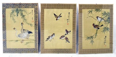 Lot 657 - Three Japanese silk pictures depicting birds