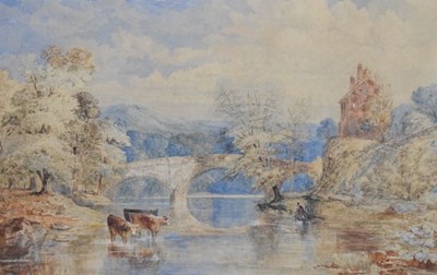 Lot 716 - Mid 19th Century English School - Cattle watering before a stone river bridge